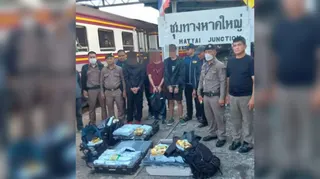 Thai authorities detained three Malaysians with 87kg of syabu worth about RM4.3 million during an inspection aboard the Bangkok-Narathiwat Express train in Hat Yai, Thailand, last Friday. Photo courtesy of PDRM