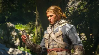 Black Flag Resynced: Edward, wearing Duncan Walpole's robes, puzzlingly looking at a hidden blade in his hand.