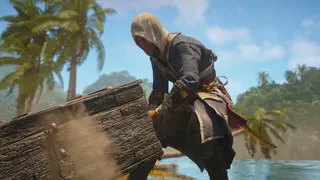 Black Flag treasure maps: Edward pulling a buried chest out of the sand.