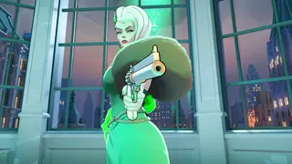 A screenshot of Deadlock character Lady Geist. She is standing in the main hub in front of windows looking out over the city. Geist points a revolver at the viewer while wearing her green dress.
