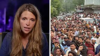 Composite of Carrie Davies next to a group of protesters