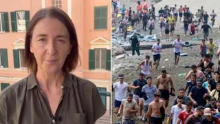 Composite image showing BBC's Sarah Rainsford on the left hand side and hundreds of migrants on Ceuta beach on the right