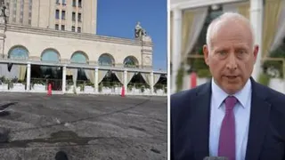 On the left, a picture outside the Blazi Rossi Italian restaurant in Moscow. On the right, Steve Rosenberg.
