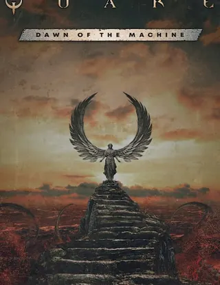 Key art for Dawn of the Machine, featuring an angelic statue forming the Quake "Q" symbol.