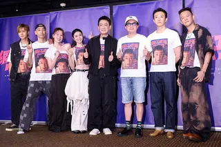 「網紅老爸」今舉辦媒體試片記者會，演員群羅志祥（左起）、林道禹、王宣、陳怡佳、王...