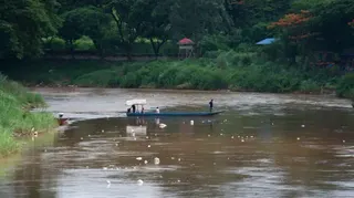 在泰國湄索，人們乘坐一艘藍色小船行駛在棕色河水中，背景是茂密的植被。湄索與緬甸接壤。