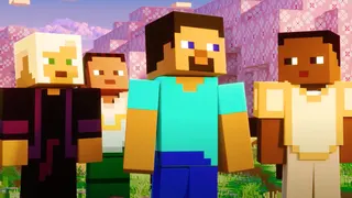 A shot from the Minecraft Live trailer showing iconic protagonist Steve surrounded by three blocky friends in front of some cherry blossoms.