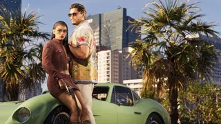 GTA 6's Ultimate Edition artwork showing a male and female resting against the bonnet of a green car