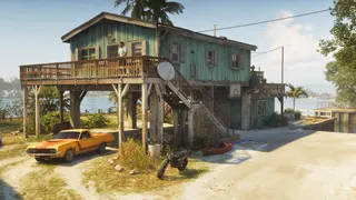 Official GTA 6 image showing a sandy hideout on stilts with yellow muscle car parked beneat