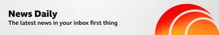 A thin, grey banner promoting the News Daily newsletter. On the right, there is a graphic of an orange sphere with two concentric crescent shapes around it in a red-orange gradient, like a sound wave. The banner reads: “The latest news in your inbox first thing.”