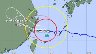 A map showing the potential storm track of Typhoon Dolphin as it moves away from southern Japan and towards China.