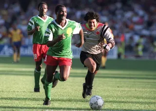 Cameron’s Roger Milla (left) is considered the oldest non-goalkeeper to have appeared at a World Cup. Photo: AFP