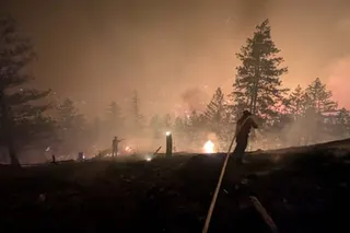 Firefighter silhouetted against burning trees, dragging a hose