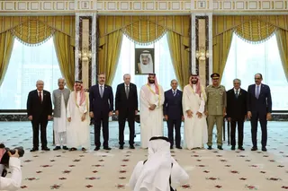This handout photograph taken and released by Turkish Presidency Press Office on August 7, 2026, shows Minister of Foreign Affairs of Saudi Arabia Prince Faisal bin Farhan al-Saud (3rd L), Turkish Foreign Minister Hakan Fidan (4th L), Turkish President Recep Tayyip Erdogan (5th L), Saudi Crown Prince Mohammed bin Salman (C), Pakistani Prime Minister Shehbaz Sharif (5th R), Saudi Defense Minister Prince Khalid bin Salman al-Saud (4th R), and their delegations as they pose after signing a trilater