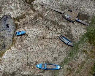 Boats sit stranded on the dried Danube riverbed near Bulgaria's border, aerial view