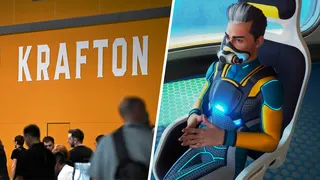 The Krafton logo during the Gamescom video games trade fair at the Trade Fair Center in Cologne on August 20, 2025; a character sitting in a chair with fingers steepled in Subnautica 2.