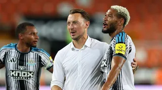 Matthias Jaissle with Joelinton after their pre-season friendly win against Valencia at the Mestalla Stadium