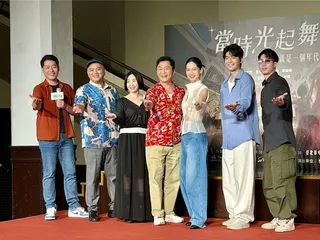 林斌、王鏡冠、蔡燦得、湯志偉、曾之喬、涂善存、呂紹齊出席全新原創舞台劇《當時光起舞》記者會。（林淑娟攝）