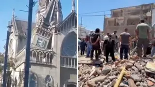 Split screen. Left, church is seen damaged after earthquake. Right, damage is seen from the earthquake.
