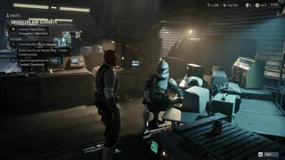 Star Wars: Zero Company screenshot showing Hawkes talking to Trix in your base
