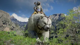 A player rides the White Bear legendary mount in Crimson Desert.