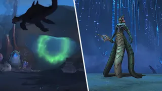 Left: An underwater lair entrance. Right: The resident of that lair, a three-tailed naga.
