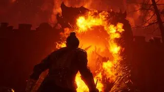 A fiery Oblivion Gate burns in the distance, accentuating the silhouette of The Hero Of Kvatch, who is standing in the foreground with her back facing the camera.