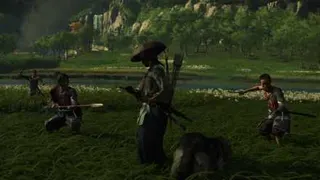 Atsu and her wolf companion in a standoff against enemies in Ghost of Yotei.