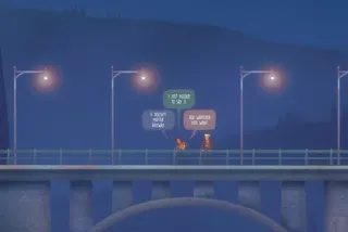 Screenshot from Oxenfree II: Lost Signals featuring a zoomed out shot of three characters on a bridge on a gloomy night.