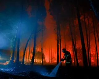 A firefighter hoses down the charred ground as flames continue to burn in the Landes forest in Luglon, southwestern France.