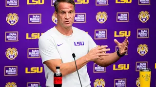 Head coach Lane Kiffin speaking at LSU Football Practice Facility in Baton Rouge