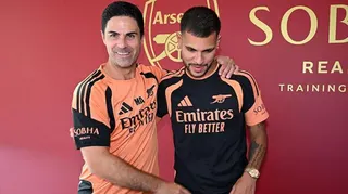 Mikel Arteta with new Arsenal signing Bruno Guimaraes
