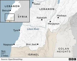 A map of southern Lebanon showing towns, rivers and borders near Israel and the Golan Heights. Major towns are marked with black dots, including Sidon on the coast in the north, Nabatieh inland, Hasbaya to the east, Marjayoun slightly southwest of it, Bint Jbeil near the southern border, and Tyre and Naqoura along the Mediterranean coast. The Litani River is labelled in blue, flowing down from north and then turning abruptly and heading west to the Mediterranean Sea. The southern border with Isr