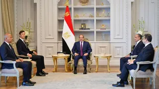 Jared Kushner (2nd from left), US President Donald Trump’s envoy and son-in-law, meets with Egyptian President Abdel-Fattah el-Sisi (middle) in El-Alamein, Egypt on Sunday. Photo: Handout via Reuters