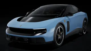 A promotional image of the Ferrari Luce in light blue