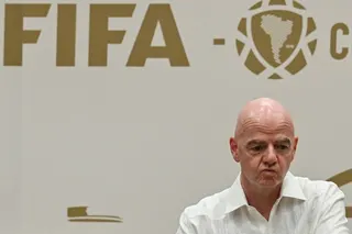 (FILES) FIFA President Gianni Infantino gestures during his visit to the new Concentration Hotel of the Colombian Football Federation in Barranquilla, Colombia, on February 24, 2026.