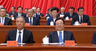 中共正國級退休領導人王岐山（前排左）及曾慶紅（前排右）出席江澤民誕辰100周年紀...