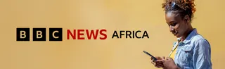 To the right of the banner a woman with sunglasses on her head and wearing a denim jacket and yellow T-shirt looks down at her mobile phone. A graphic for BBC News Africa in black and red is on the left of the image which has a pale golden brown background.