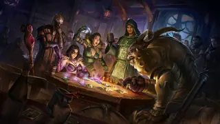 A group of fantasy characters enthusiastically play a card game around a tavern table.