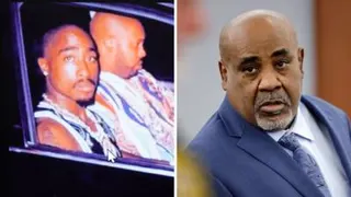 Split screen. Tupac Shakur and Suge Knight on the left. Duane "Keffe D" Davis on the right.