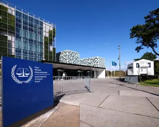 People stand outside the international criminal court