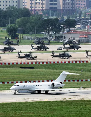Helicopters seen at the US Army’s Camp Humphreys near Pyeongtaek, South Korea, on Tuesday. Photo: EPA