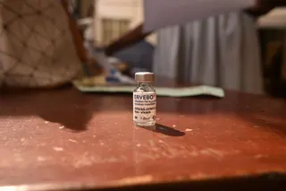 This photograph shows a vial of Ebola vaccine Ervebo in Freetown.