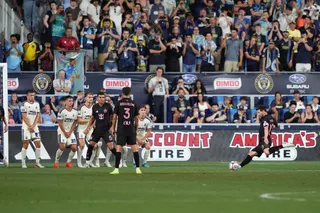 Messi takes a free kick against the Philadelphia Union in the first half at Subaru Park