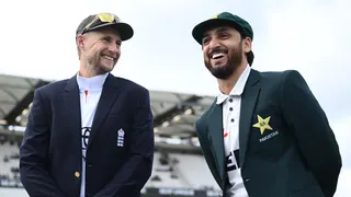 England captain Joe Root alongside Pakistan captain Salman Agha before the first Test. Both men are wearing caps and blazers and smiling