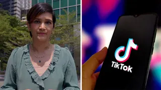 Split screen of BBC correspondent Suranjana Tewari and a TikTok logo on a smart phone screen