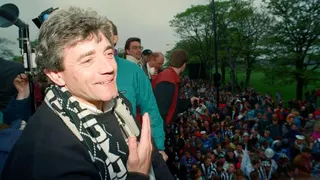 A  smiling Kevin Keegan during an open-top bus parade in Newcastle in May 1993