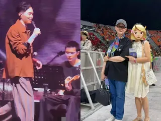 张智霖（左图左）和儿子首同台演出，张妈妈（右图左）也来捧场，一家三代尽显高颜值。（互联网）