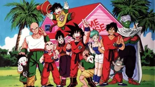 The Z Warriors standing in front of Kame House in Dragon Ball Z