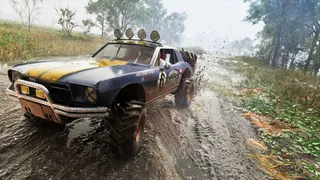 The '67 Vapid Dominator Buggy in GTA 6, as the vehicle is driven over a patch of mud.